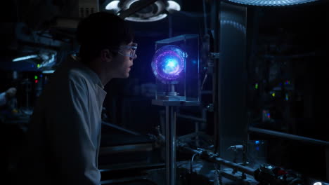young scientist observes a glowing cosmic orb in a futuristic lab