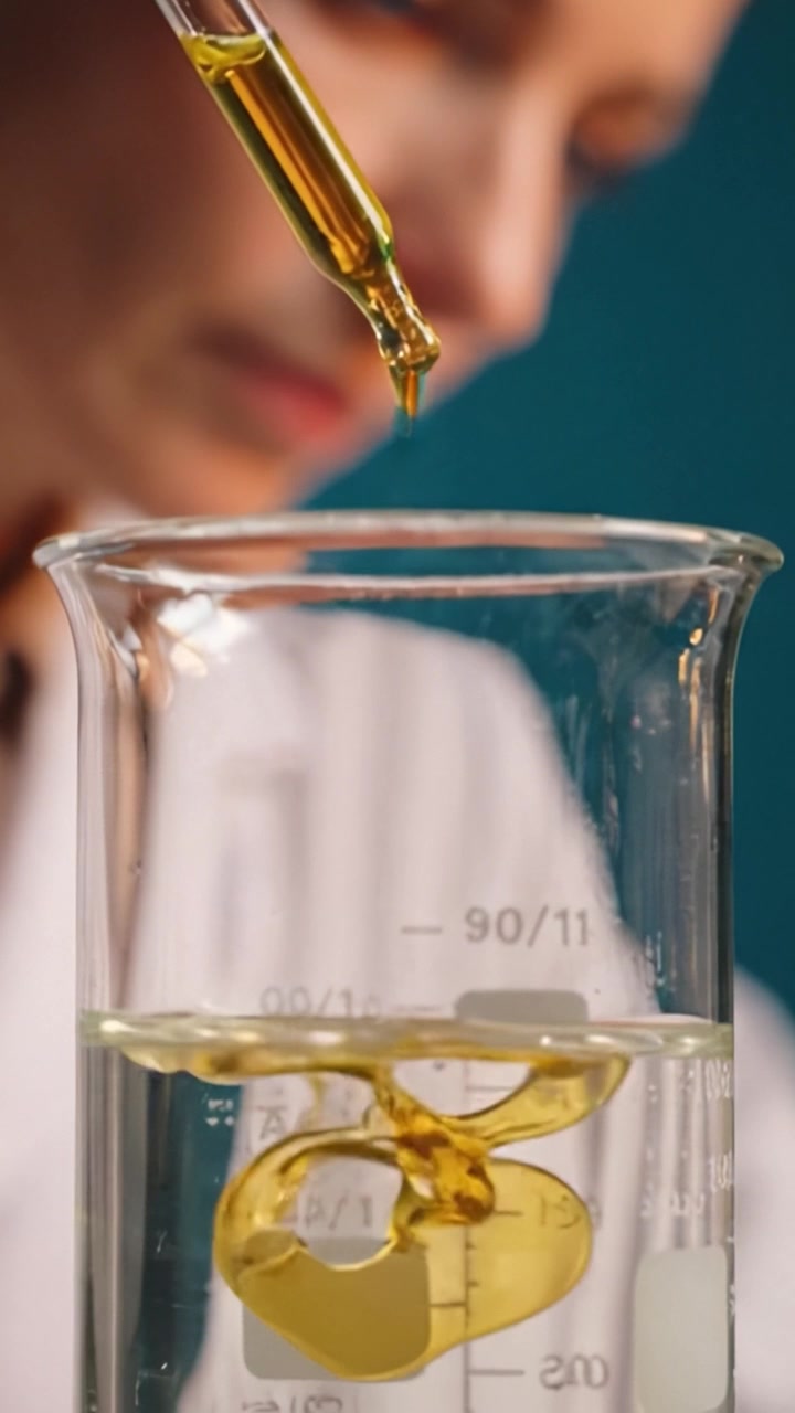 A focused researcher performs a precise liquid transfer using a pipette to mix solutions in a laboratory setting, showcasing accuracy and scientific technique.