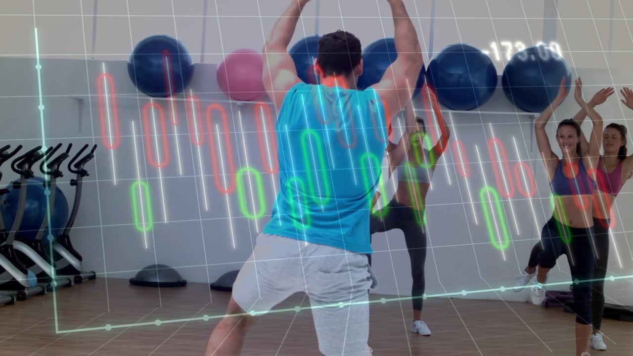 instructor initiating fitness routine guiding group mirroring knee lifts lunges pulsing bar graphs