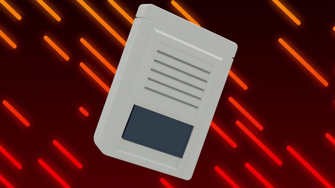 animación de un dispositivo de juego portátil retro giratorio sobre líneas diagonales de neón rojo sobre fondo negro