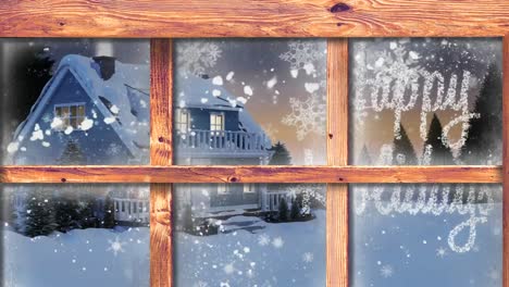 Window-frame-against-happy-holidays-text,-shooting-star-and-snow-falling-over-winter-landscape