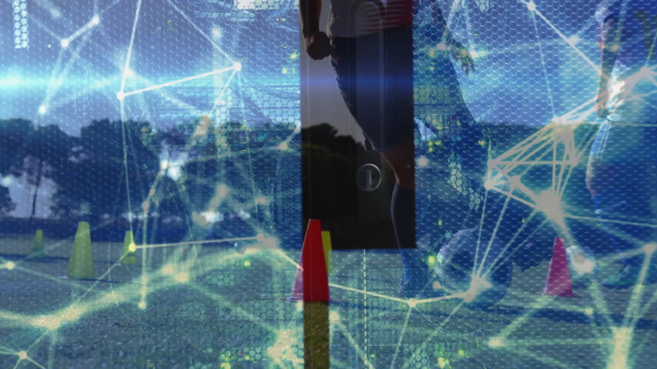 Network of connections and data processing animation over outdoor sports scene