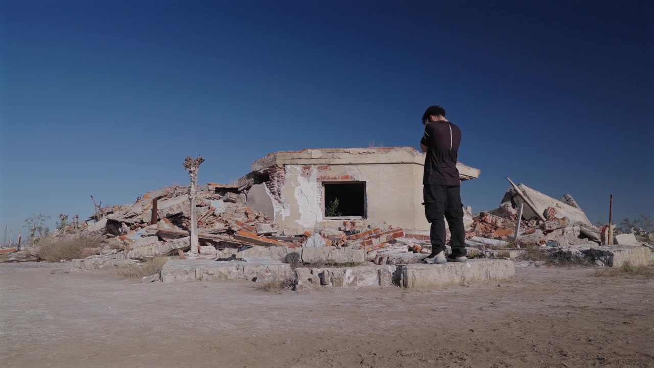 Uomo in piedi da solo con espressione triste tra macerie e edifici in rovina nella città fantasma di Villa Epecuen, Argentina