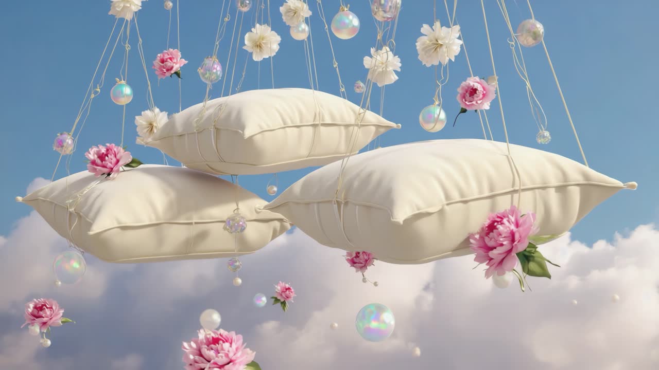 Dreamy Floating Pillows in a Floral Sky