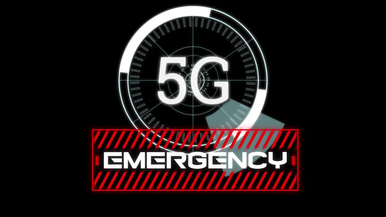 palabra de emergencia y 5g escrito sobre visores escaneando en fondo negro.