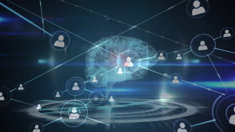 animation of network of profile icons and blue light trails against human brain icon