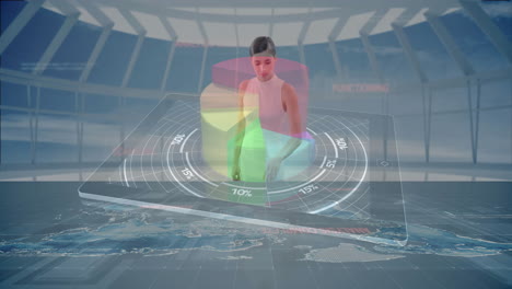 interacting with holographic pie chart, woman using digital world map animation