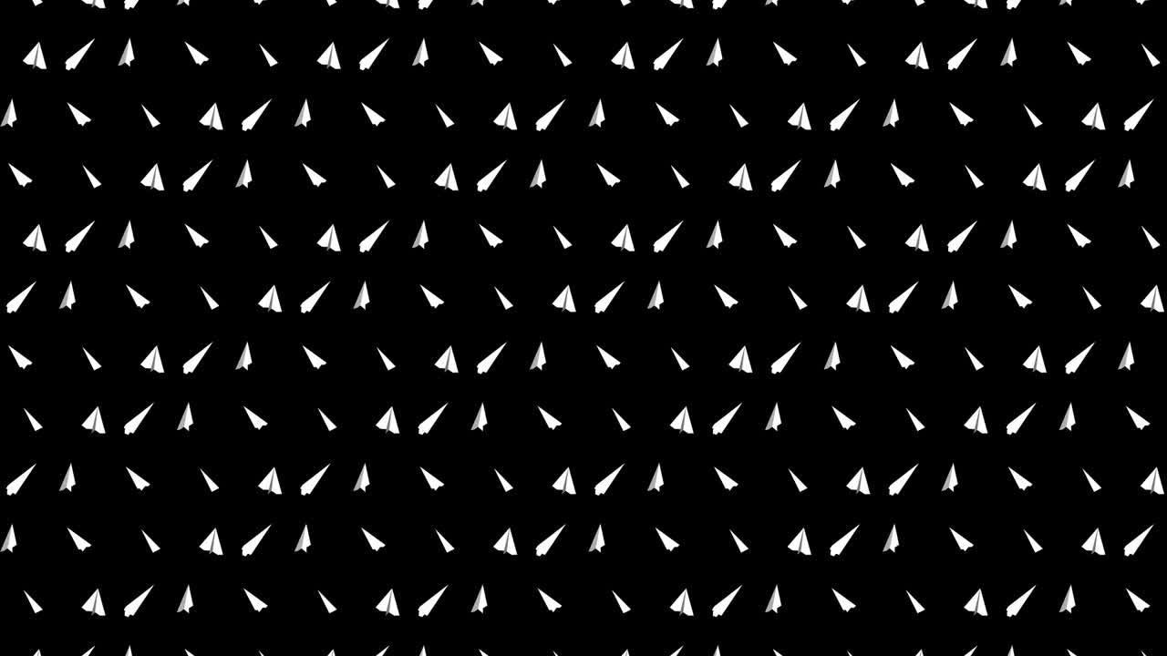 Handmade paper plane collection. Loop animation of flowing white paper plane on black background. Business connection concept. Origami airplane flying.