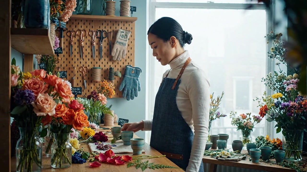 フローリストの芸術的な感性：活気ある花屋で熱心に働くフローリストが、魅惑的なフラワーアレンジメントと細部へのこだわりを見せる