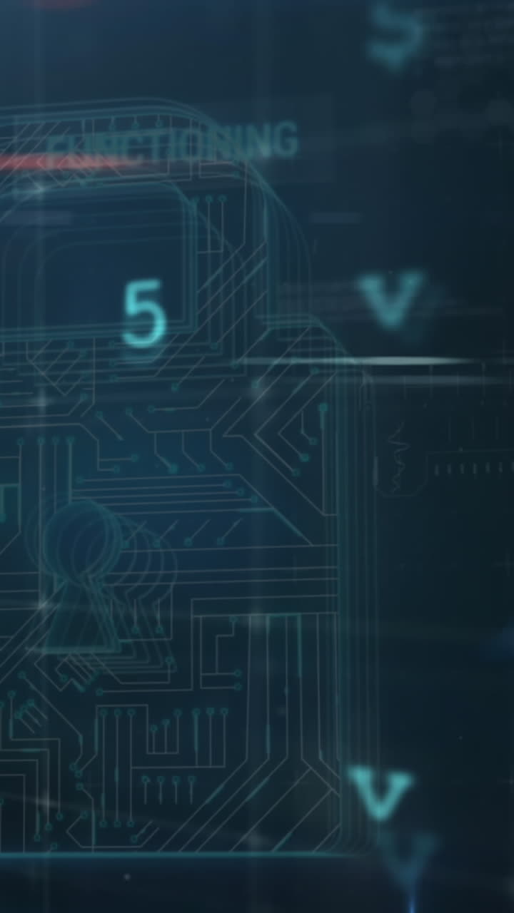 Animation of security padlock over data processing on dark background ...