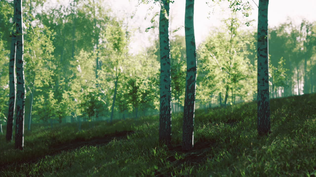 빛이 울창한 초록 숲의 나무를 통해 필터링