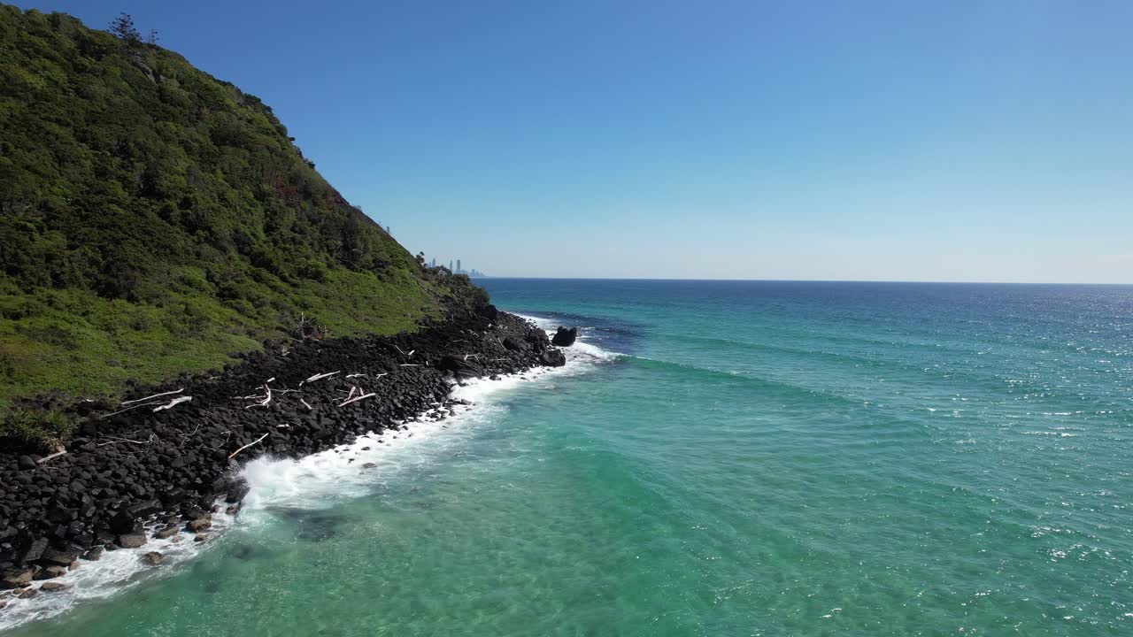 Breaking Waves On The Rugged Coastline Of Burleigh Heads National Park On The Gold Coast, Queensland, Australia. Aerial Shot