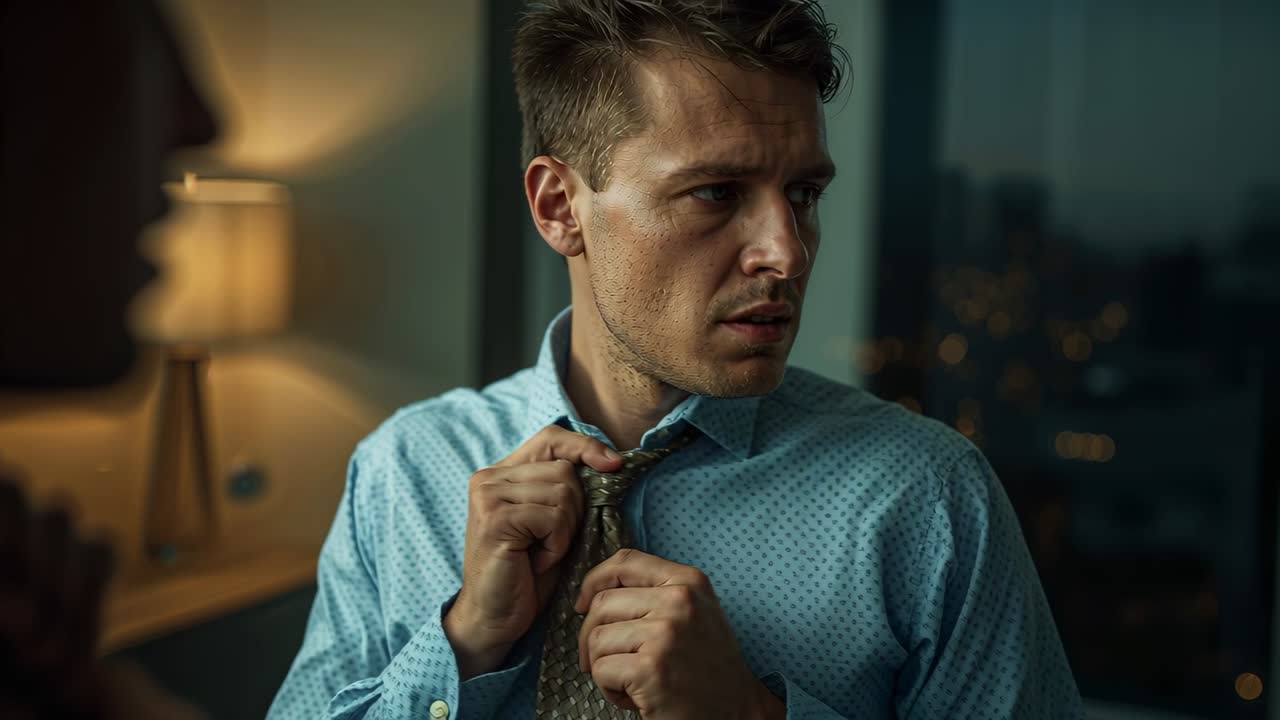 Uomo che si sistema la cravatta su una camicia azzurra vicino a una lampada e alle luci della città, preparandosi per una riunione