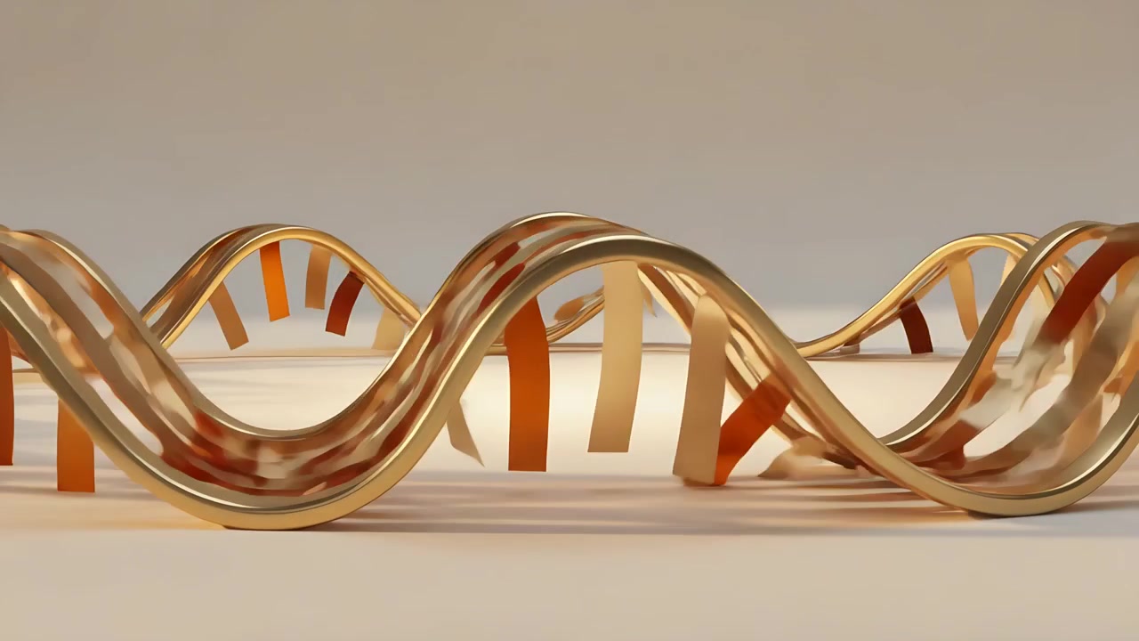 Camera shifting revealing gold ribbons oscillating on pale platform, showing orange beige strips