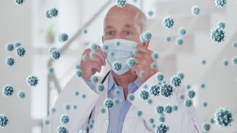 animación de las células de covid-19 sobre un médico que usa una máscara facial