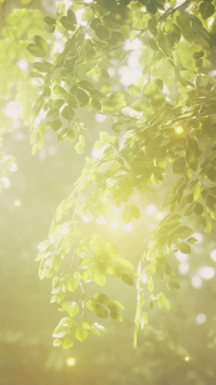 Sunlight filtering through leaves in a serene forest at dawn