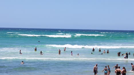 crowded beach scene with people swimming and relaxing