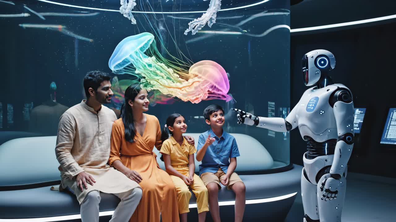 Family Visits Futuristic Aquarium with Robot Guide