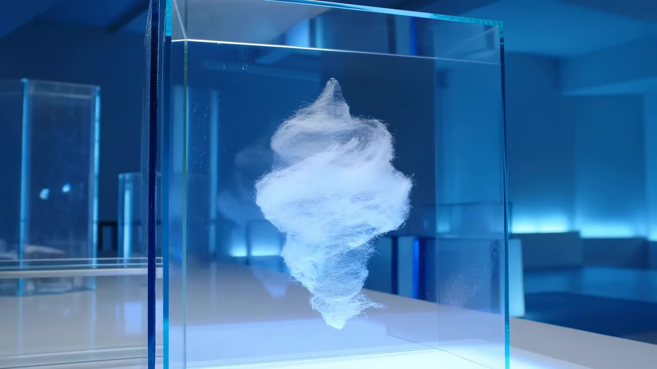 Clear glass cube on pedestal holds white fibrous mass with layered cloudlike contours and delicate filaments, viewed in cool blue light inside modern exhibition space with reflective surfaces