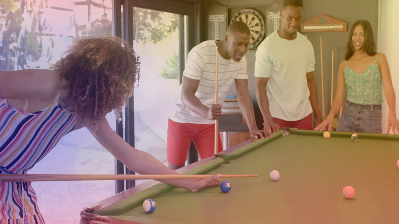Playing pool, friends enjoying game with colorful gradient animation in background