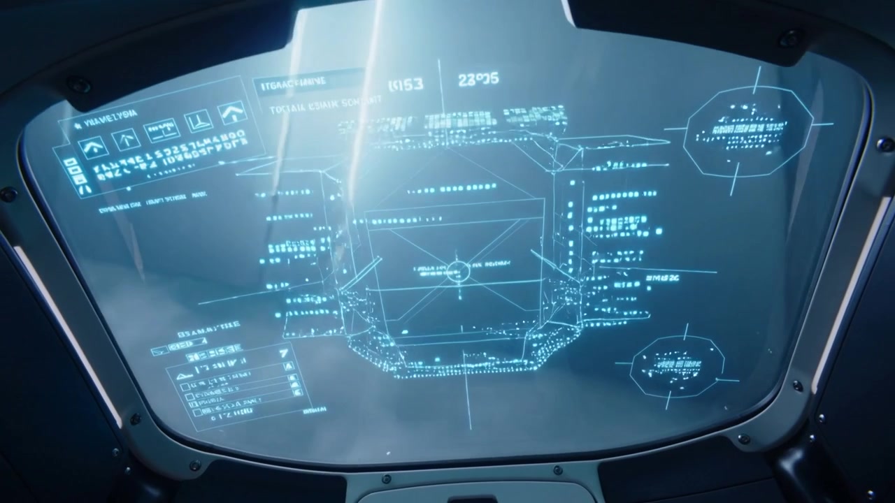 Opening cockpit viewport, cyan HUD updating 3D wireframe, readouts and crosshair for targeting