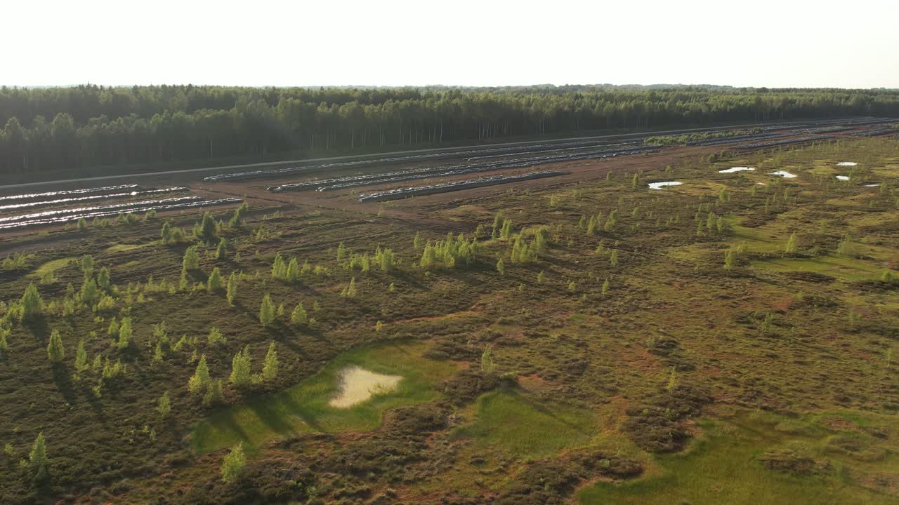 Aerial view of a large peat bog harvesting site with long parallel rows of extracted peat, wooden pallets, and covered stacks stretching across the landscape
