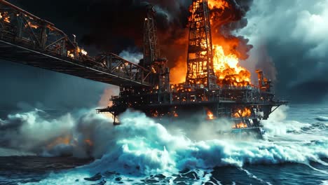 an oil rig in the middle of the ocean with a bridge in the background