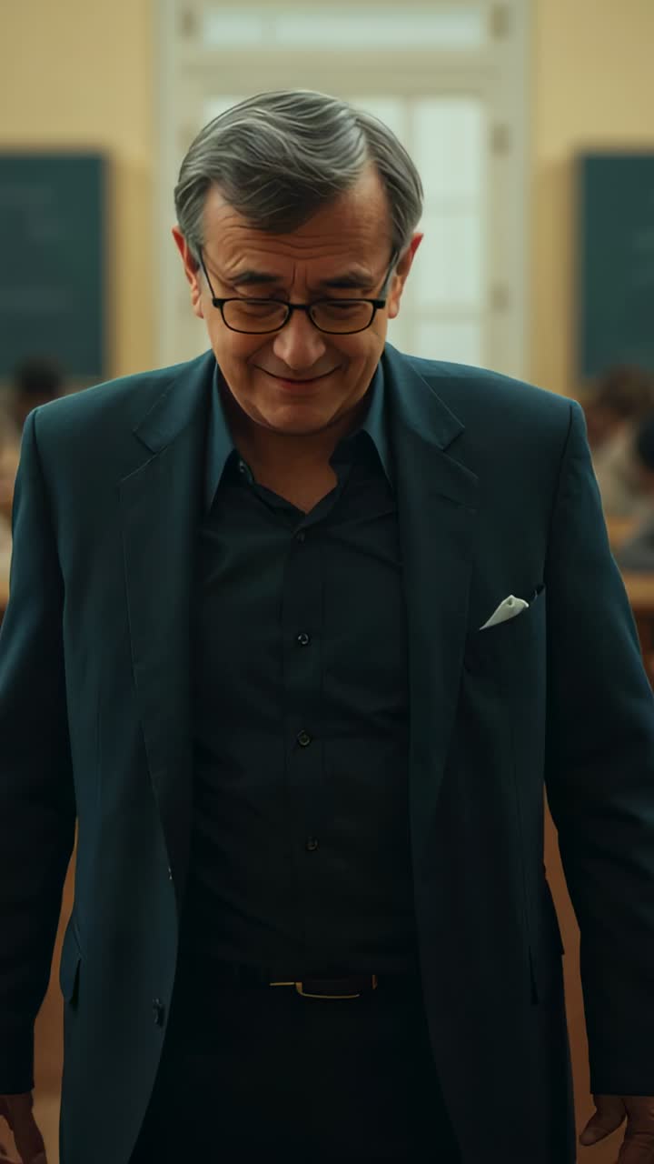 Vertical video: Walking teacher noticing students looking up, greeting class at school in blazer