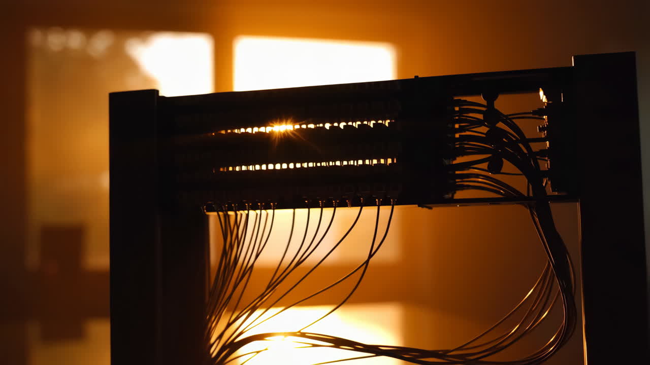Silhouetted Electrical Wires and Panel Against a Warm Backlight