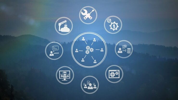 Composition of network of digital icons over landscape