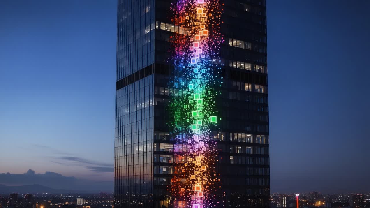 Illuminated Skyscraper Showcasing a Vibrant Digital Display in Multiple Colors, Captured During Dusk, Highlighting Modern Architectural Expertise and Urban Artistry