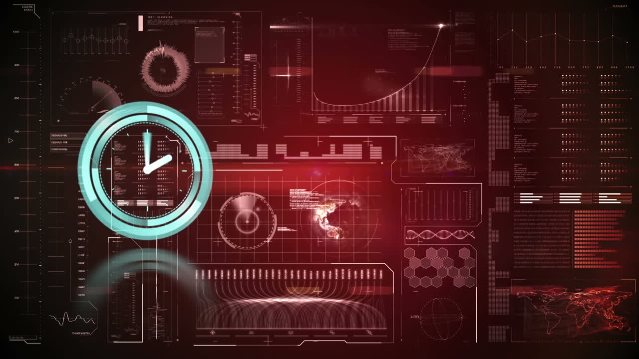 Animation of clock moving fast and data processing over computer servers