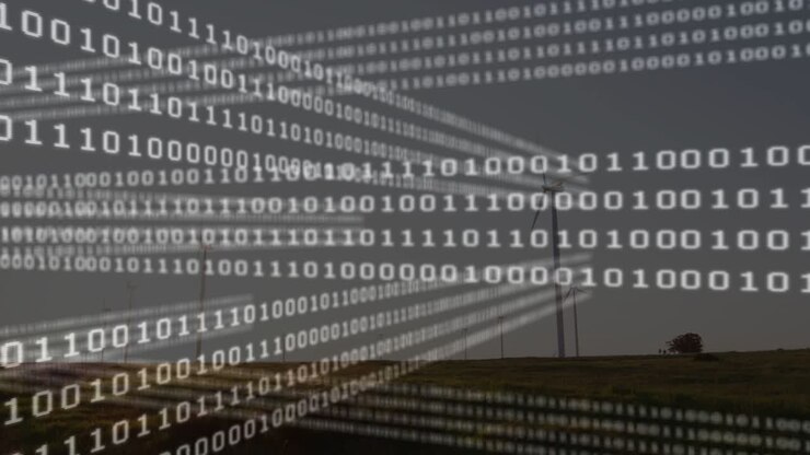 Vertical video: At start sliding binary bands moving across farm showing data over poles, guardrail