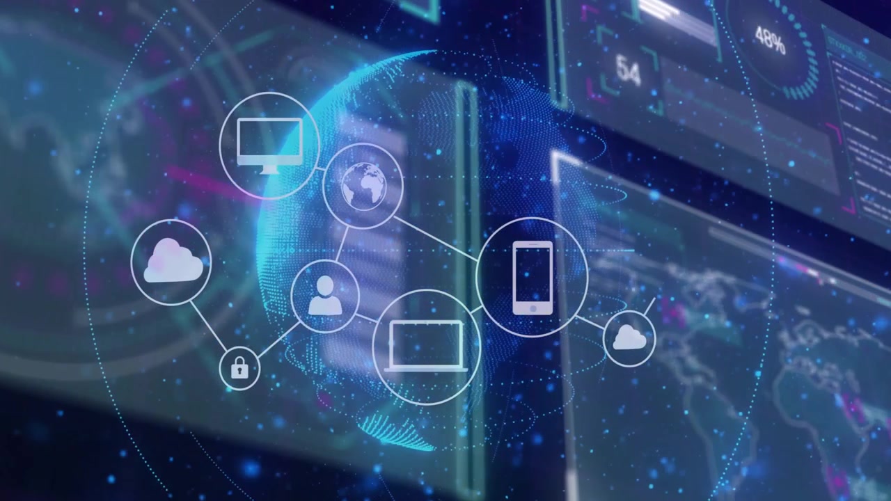 On opening showing 3D globe rotating while cloud padlock laptop phone icons linking to form network