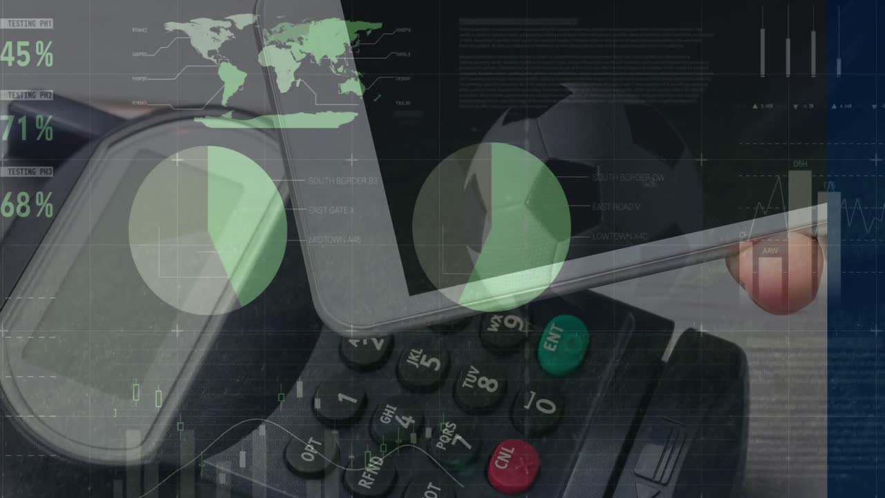 animación del procesamiento de datos financieros a través de teléfonos inteligentes y terminales de pago