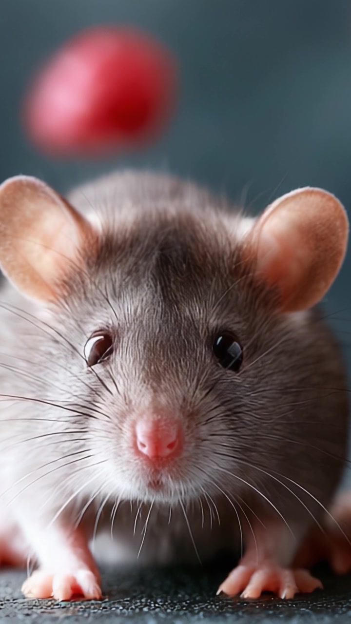 Adorabile primo piano di un curioso topo grigio con occhi vivaci e orecchie prominenti, su uno sfondo sfocato, che cattura lo spirito giocoso dei piccoli roditori in un momento affascinante.