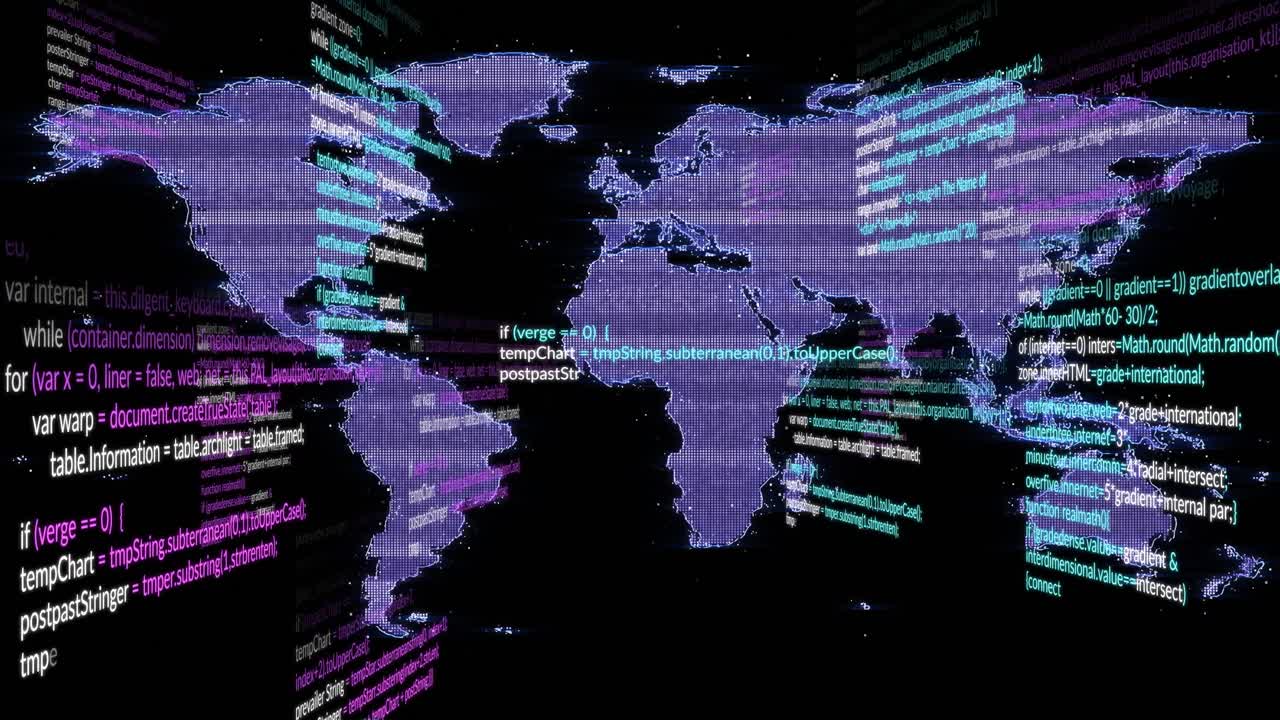 Purple-dot world map initializing as teal and magenta code snippets sliding in visualizing data hub
