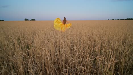 woman in yellow dress walking through a golden wheat field at sunset