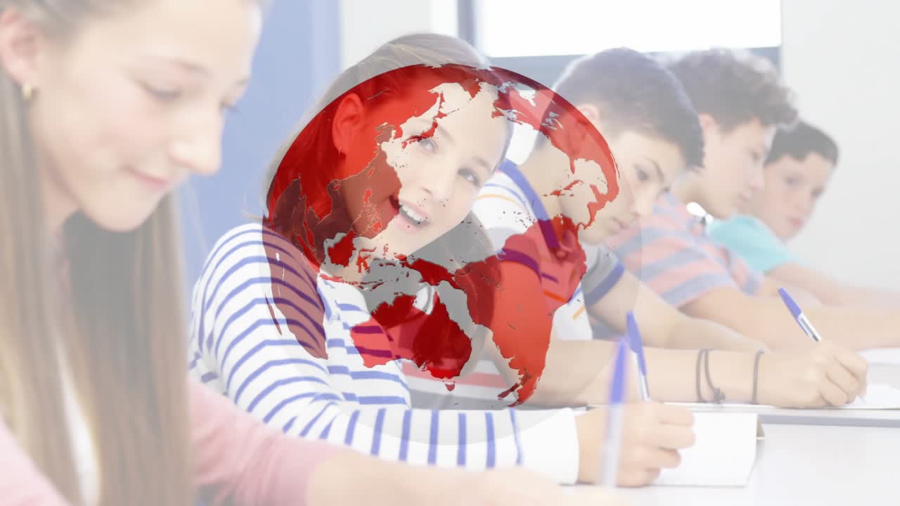 Students writing in class, globe overlay appearing, passing over faces, showing map for creators