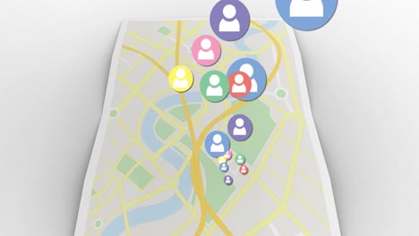 animation of multiple colourful digital social media people icons over map