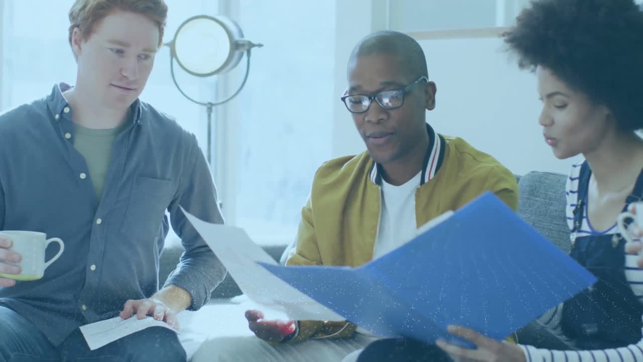 Animation of financial data processing over diverse business people in office