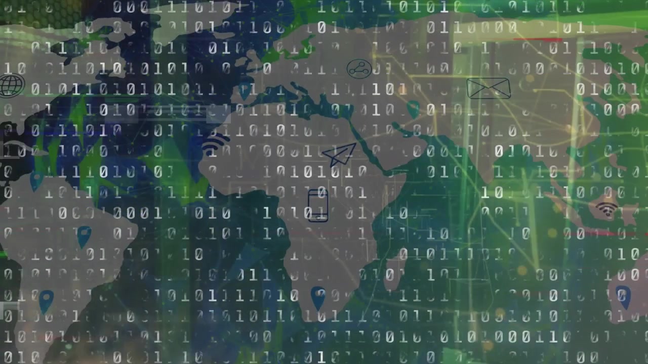Animation of interference over data processing and world map with icons