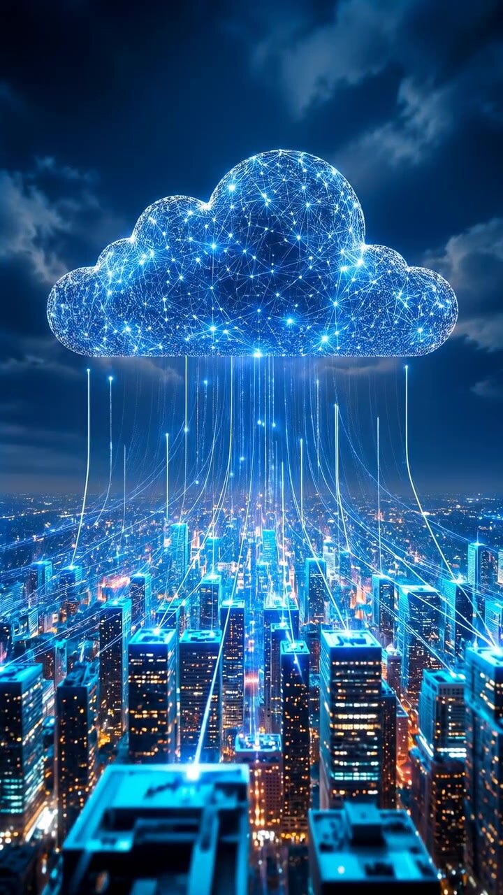 A bright blue cloud of connected points and lines hovers over a dense urban skyline at night, sending vertical light streams toward the illuminated buildings