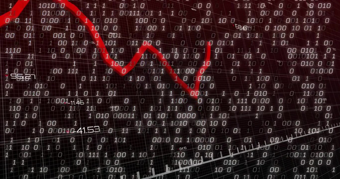 On start red line graph trending downward across 3D grid as binary densifying to visualize decline