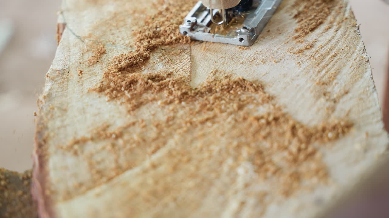 Primo piano della mano di un falegname nero che guida una levigatrice su una tavola grezza, avambraccio e palmo visibili, ricche tracce di segatura e trucioli, levigatura dinamica della venatura, energia di un laboratorio illuminato dal sole, movimento tattile esperto.