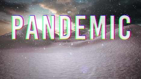 animación del texto de la pandemia con un paisaje de invierno y nieve cayendo sobre el paisaje en el fondo