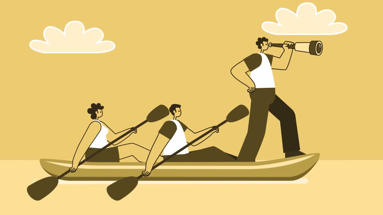 Yellow Style People Flat Characters with Man Captain Sailing on Kayak Boat. Isolated Loop Animation with Alpha Channel