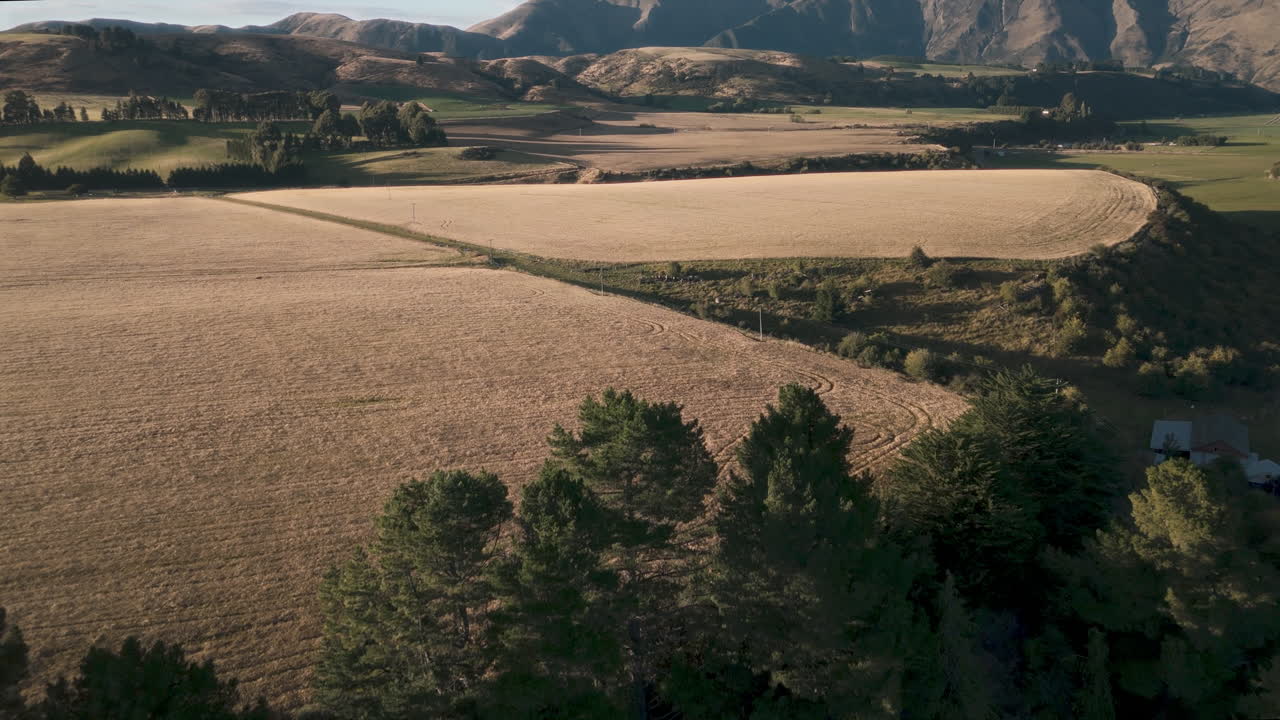 Aerial view of agricultural fields and mountains in New Zealand