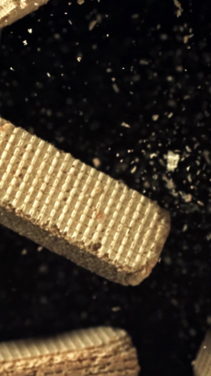 Primo piano di biscotti wafer e briciole che fluttuano al rallentatore
