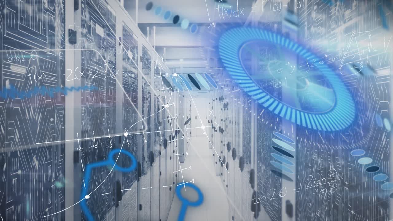 Animation of processing circle and math formulas over servers